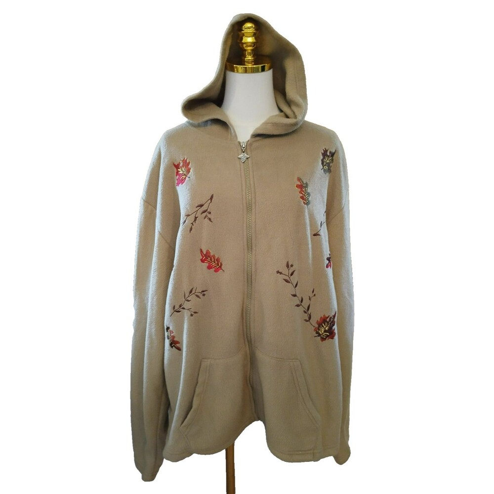 Nick & Sarah Jacket Women's Tan Autumn Fall Leaves Embroidered Full Zip Up